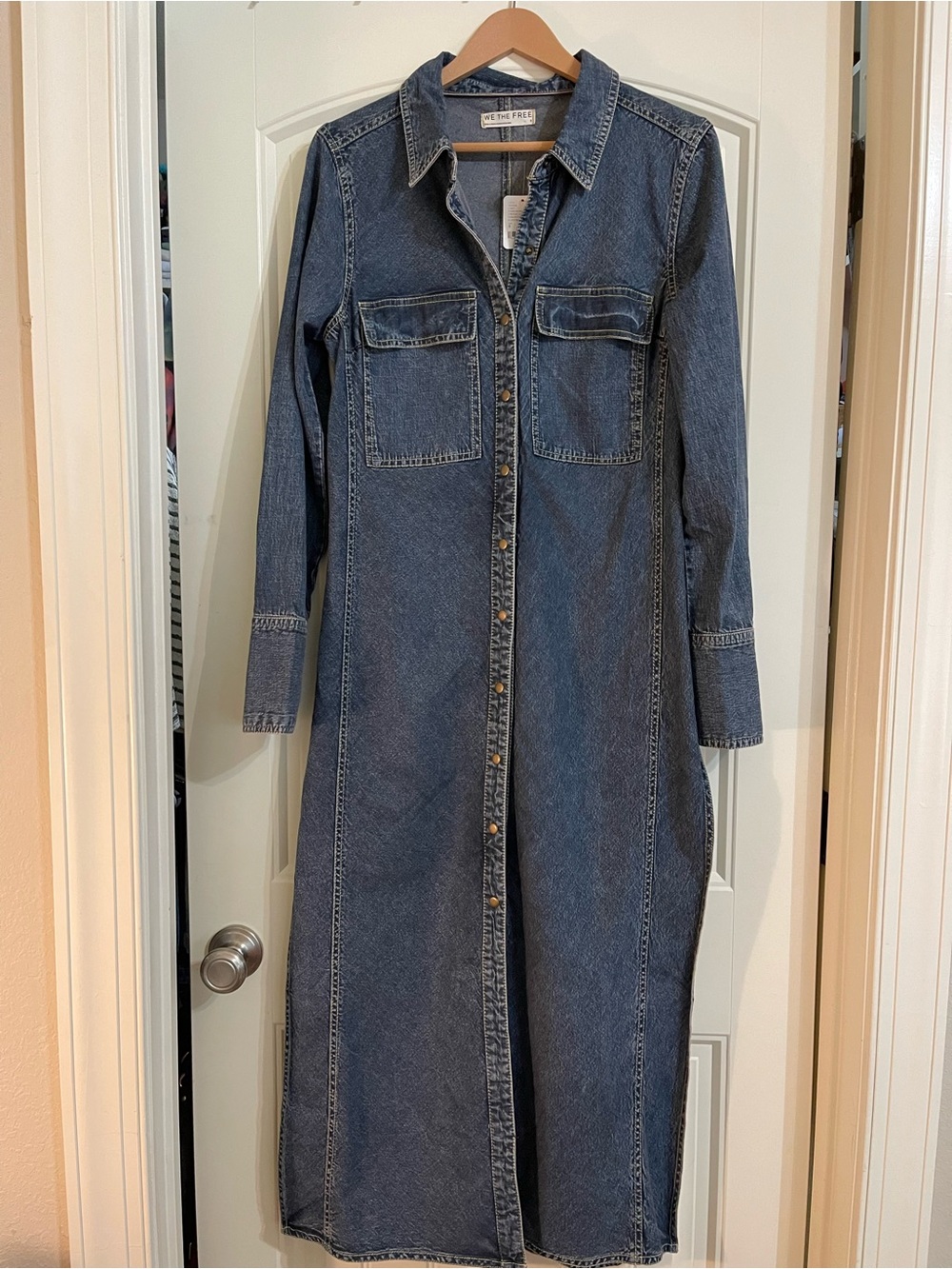 We The Free Long Dark Blue Denim Shirt Coat